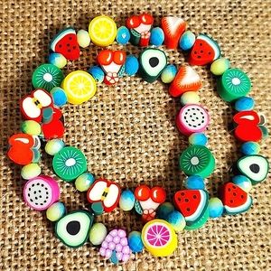 Set of 2 handmade polymer clay fruit bead bracelets for girls.